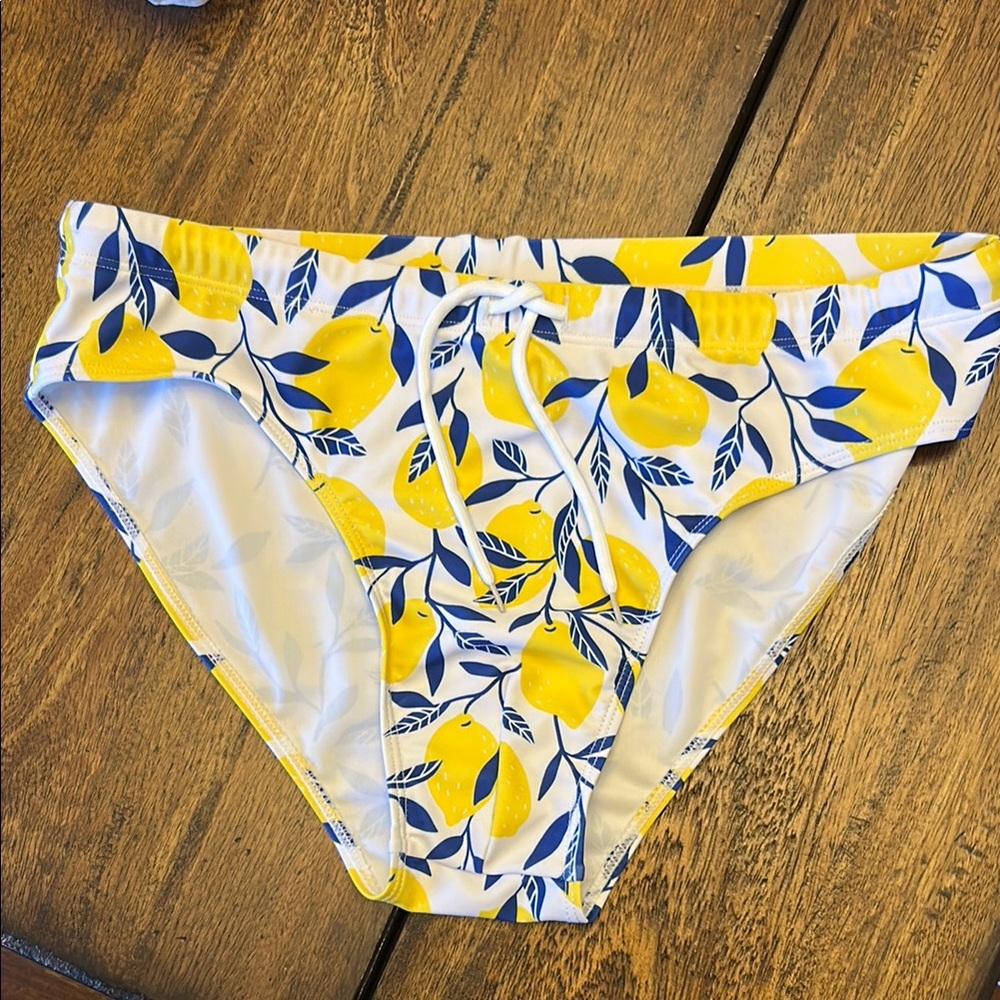 Yellow and Blue Leaf Print Swim Trunks